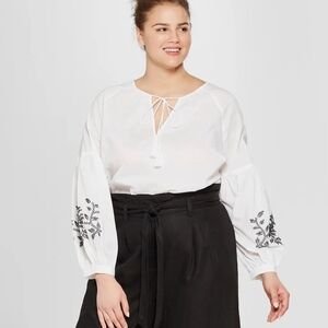 Who What Wear White Blouse with Black Embroidery